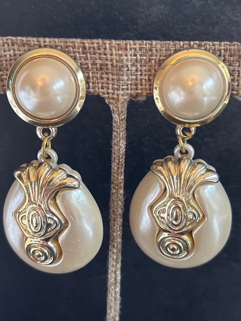 STATEMENT Cream Large Vintage Baroque Style Dangle Clip On Earringds